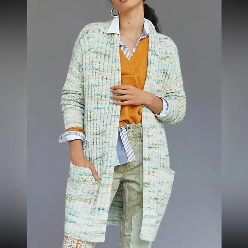 Anthropologie Space Dyed Longline Boho Cardigan Blue Green SZ M